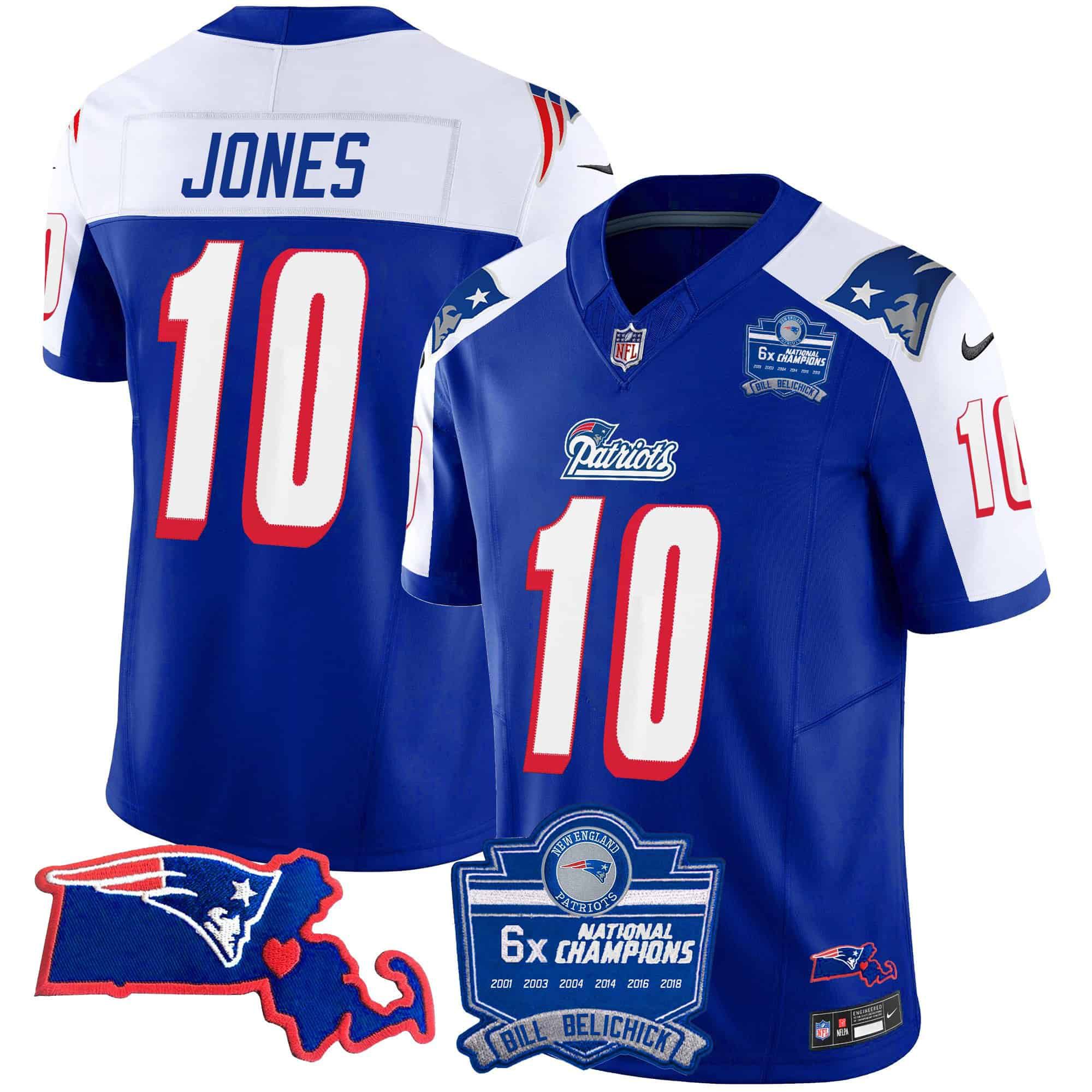 Men New England Patriots 10 Jones Blue 2024 Nike 6x Champions Patch Vapor Limited NFL Jersey